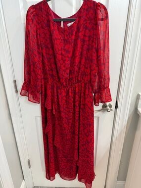 Gibson Latimer Red Printed Chiffon Midi Dress